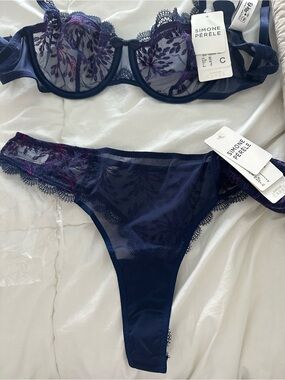 NWT Simone Perele Navy Blue Embroidered Underwire Bra & Thong Set